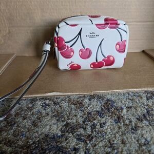 Coach White Cherry Print Pouch Wristlet - Red Cherries